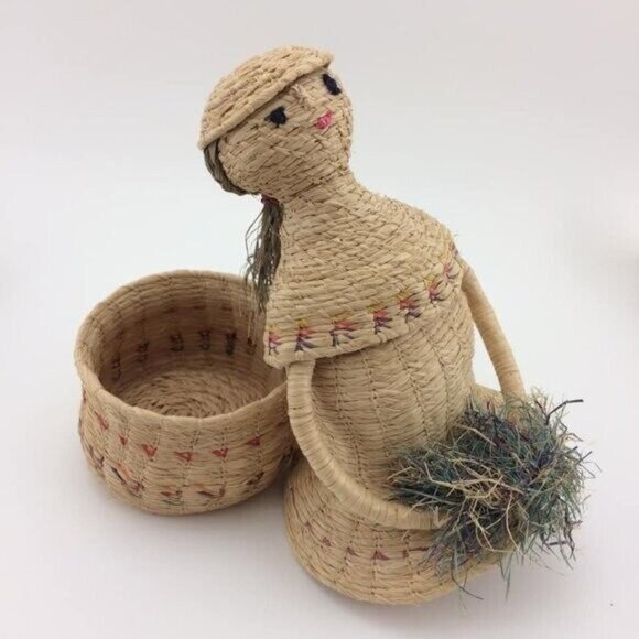 Handmade Woven Basket Woman Lady with Long Hair Figure Dress Folk Art 9" - Picture 9 of 16